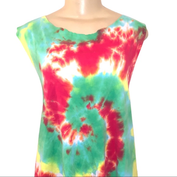Deconstructed Tie Dye Handmade Hippie Braided Back Open Edge Tank Top - Picture 2 of 4